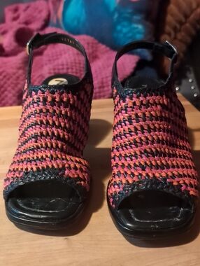 Pons Quintana Orange and Black Leather Woven Open-Toe Slingback Wedges